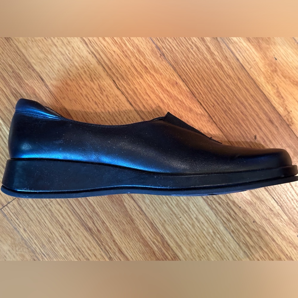 Black Leather Low Wedge Loafer Women’s Shoe